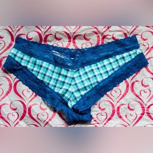 ‼️SOLD‼️NWT VS PINK Cotton & Lace plaid print cheeky panties underwear Blue